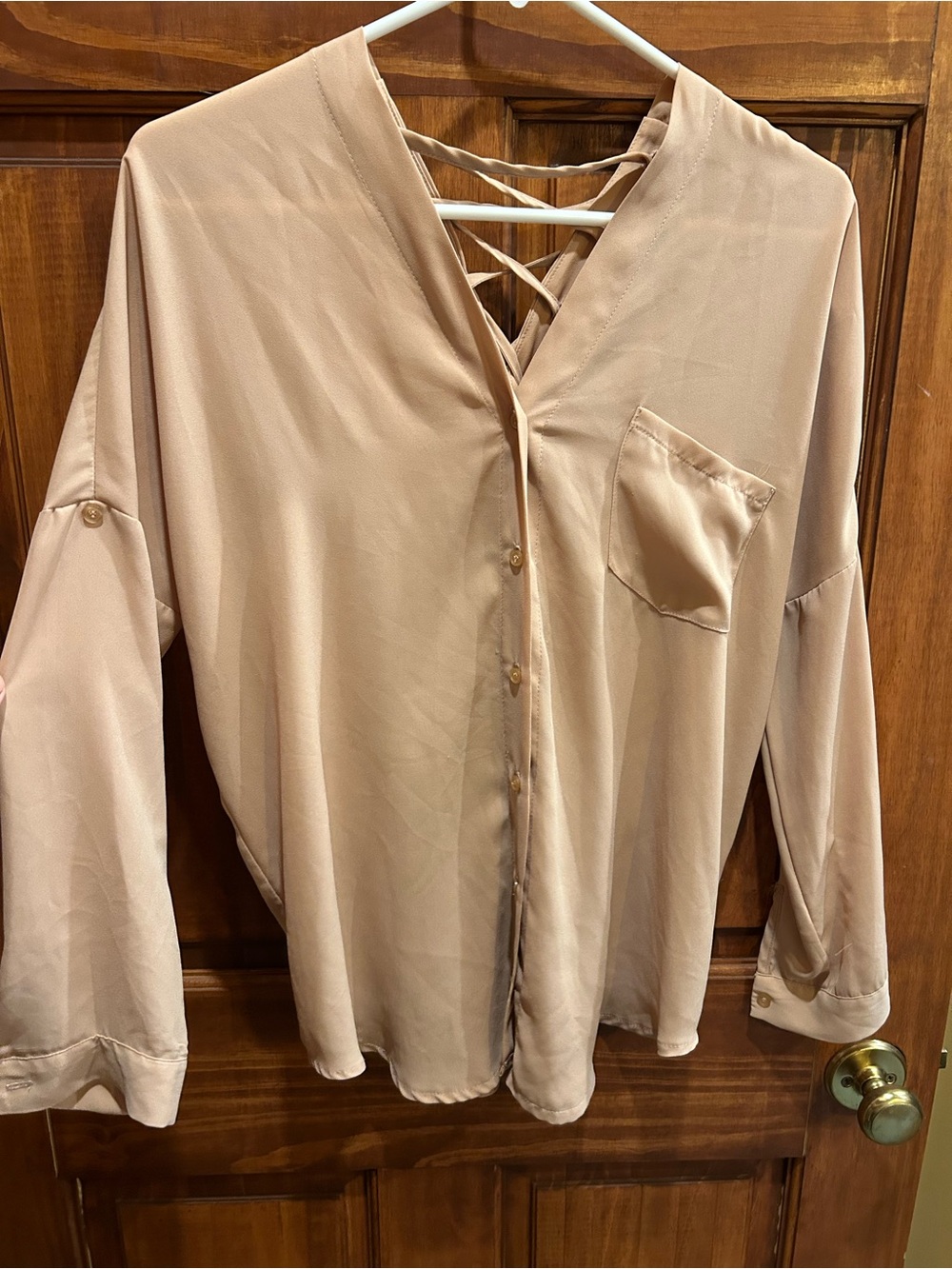 Noble U Nude V-Neck Button Front Blouse with Crisscross Back